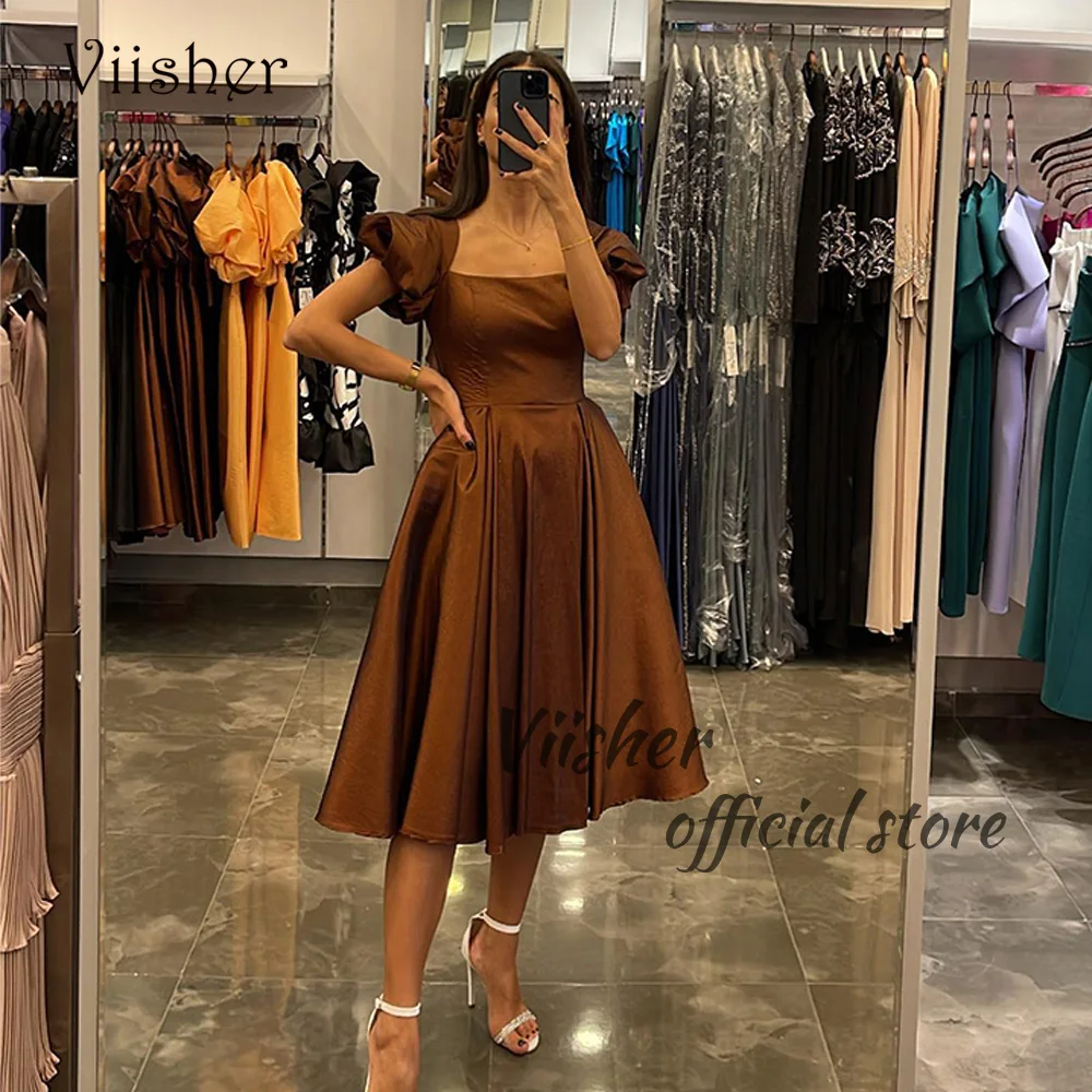 

Viisher Brown Satin A Line Prom Party Dresses Short Sleeve Square Neck Evening Formal Dress Tea Length