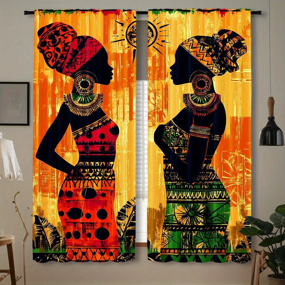 Boho African Tribal Print Curtains Pair Geometric Ethnic Women Silhouettes Tropical Sunshine Window Curtain Panels Home Decor Dr