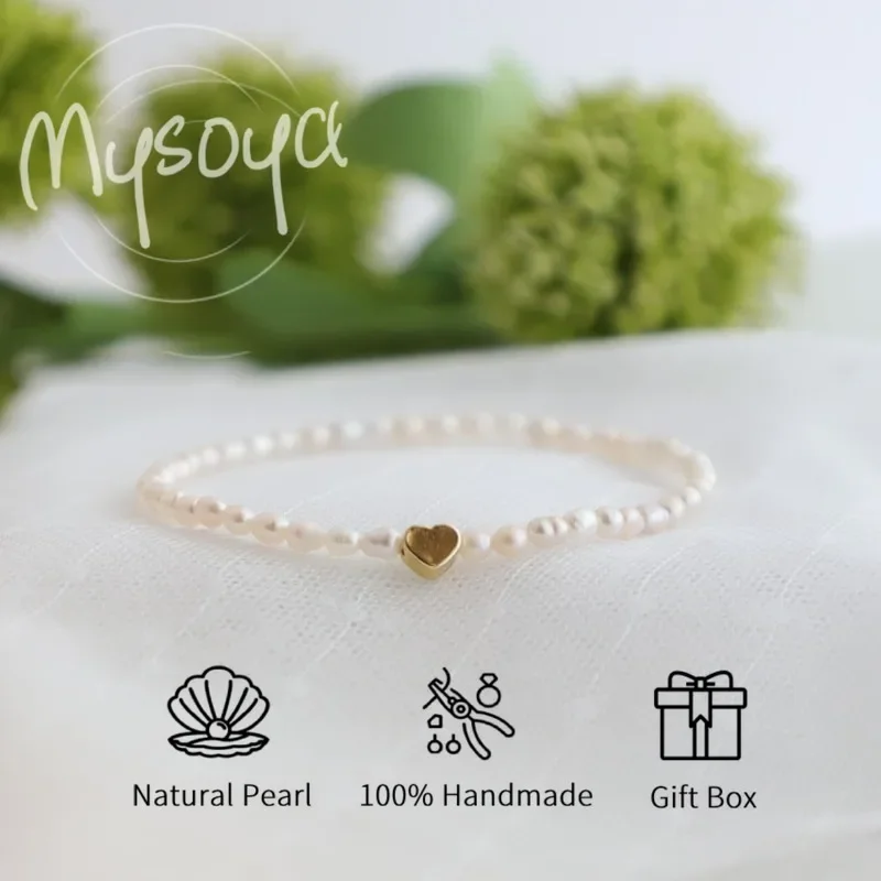 

MYSOYA White Rice-Shaped Freshwater Pearl Bracelet 3-4mm With Gift Box For Her/Him Birthday/Christmas/New Year/Anniversary Gift