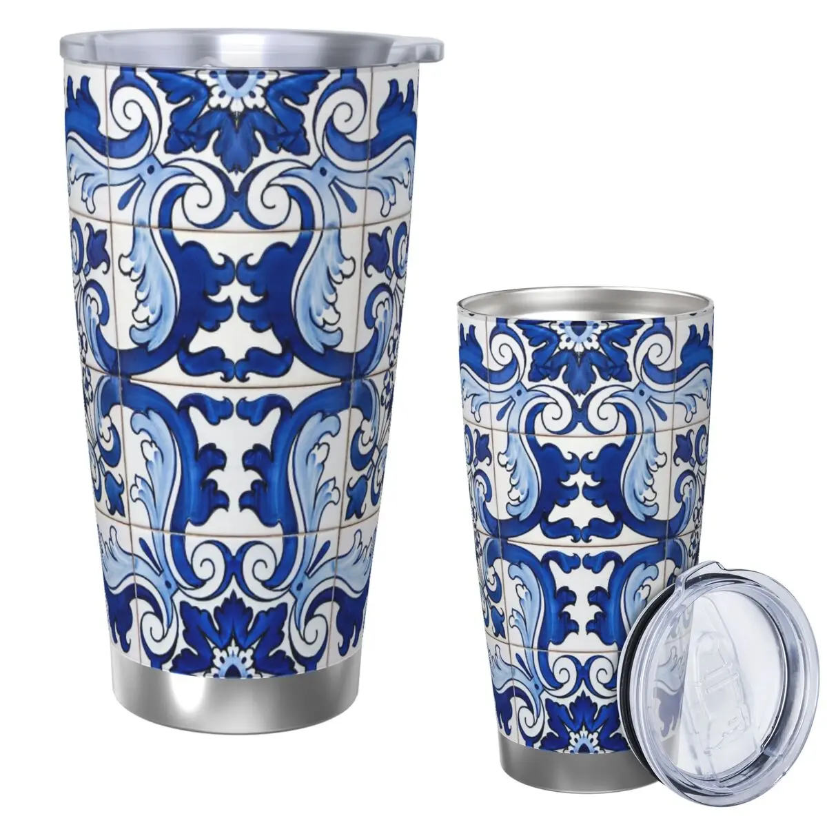 Antique Classic Lisbon Blue Azulejo Tile Floral Pattern Stainless Steel Tumbler Vacuum Insulated Mugs Thermal Cold Cup 20oz
