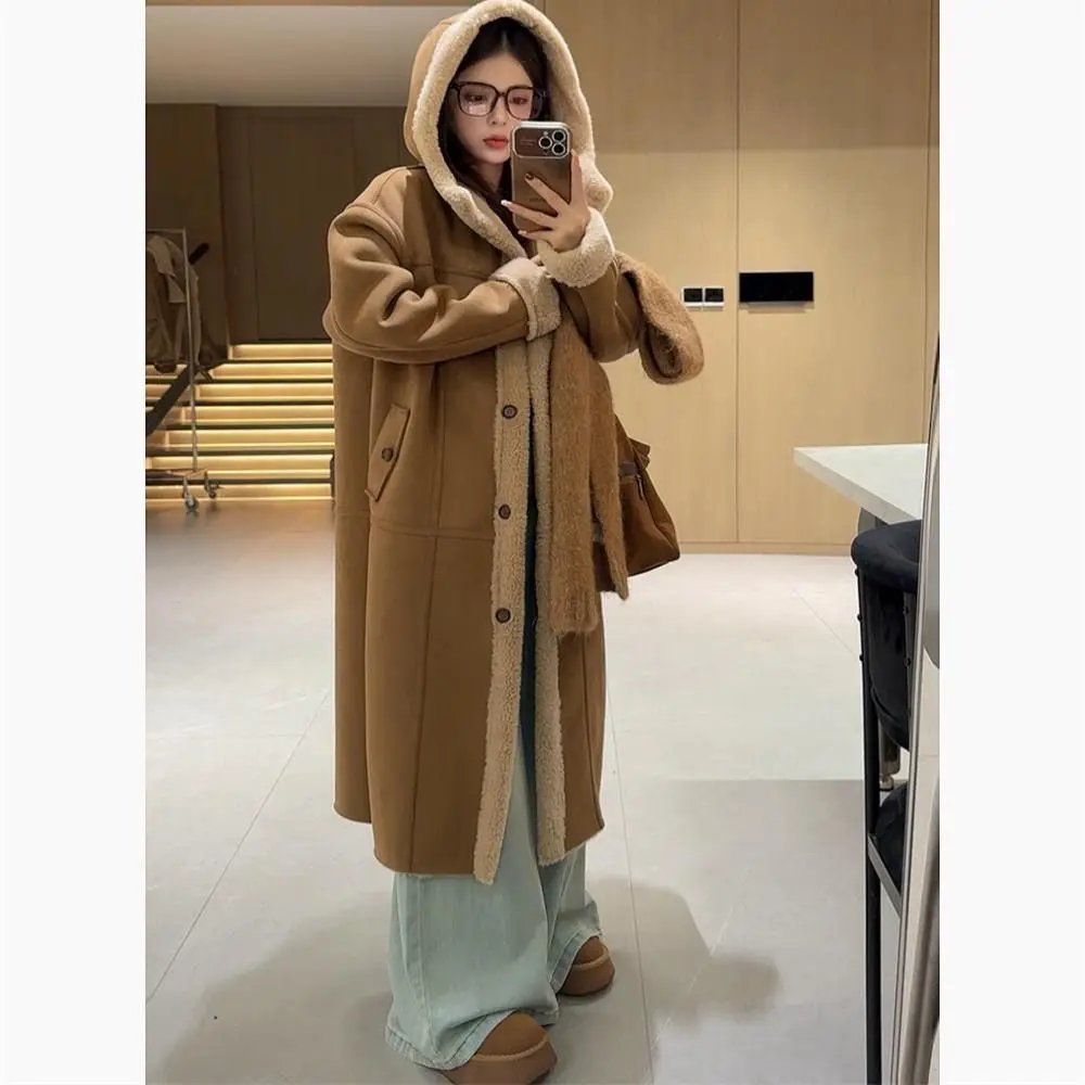 Hooded Lamb Suede Fur One-Piece Coat For Women In Winter, New Thick And Environmentally Friendly Fur Long Coat