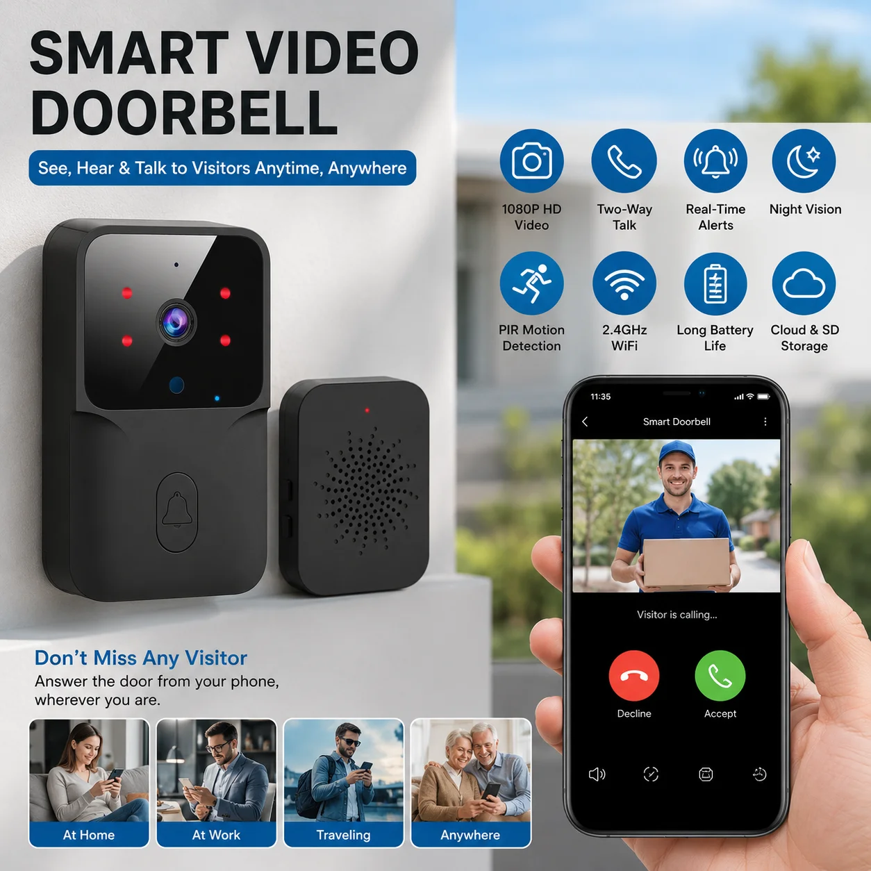 Wireless Video Doorbell Camera, WiFi Two-way Talk Doorbell with IR Night Vision, Smart Home Security Surveillance Monitor