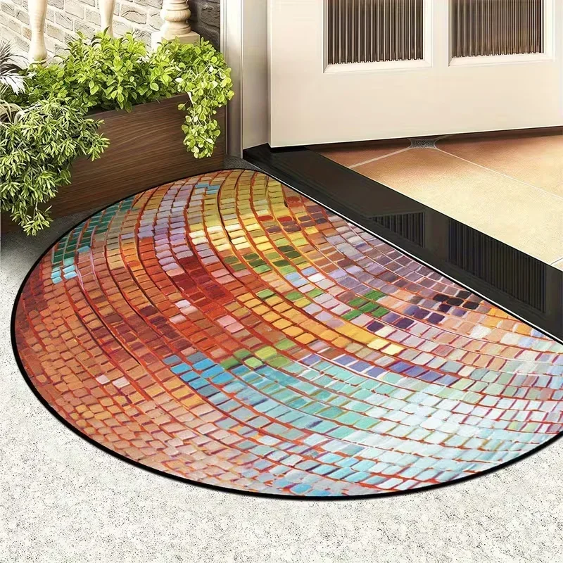 Semi Circular Welcome Mat Colorful Disco Ball Pattern Anti Slip Washable Door Mat Bedroom Living Room Laundry Room Area