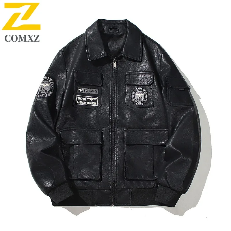 COMXZ Cross Border Leather Jacket Men Spring Korean Slim Turn Down Collar Youth Leather Jacket Trendy Motorcycle windbreaker