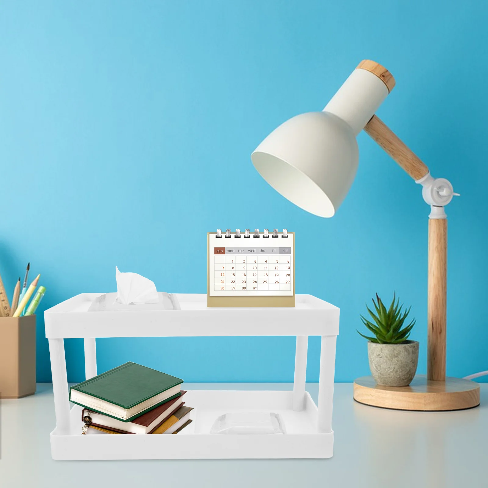 

Double Layer Desktop Shelf White Compact Organizer for Cosmetics Makeup Storage Rack Skincare Office Supplies Desk Decor