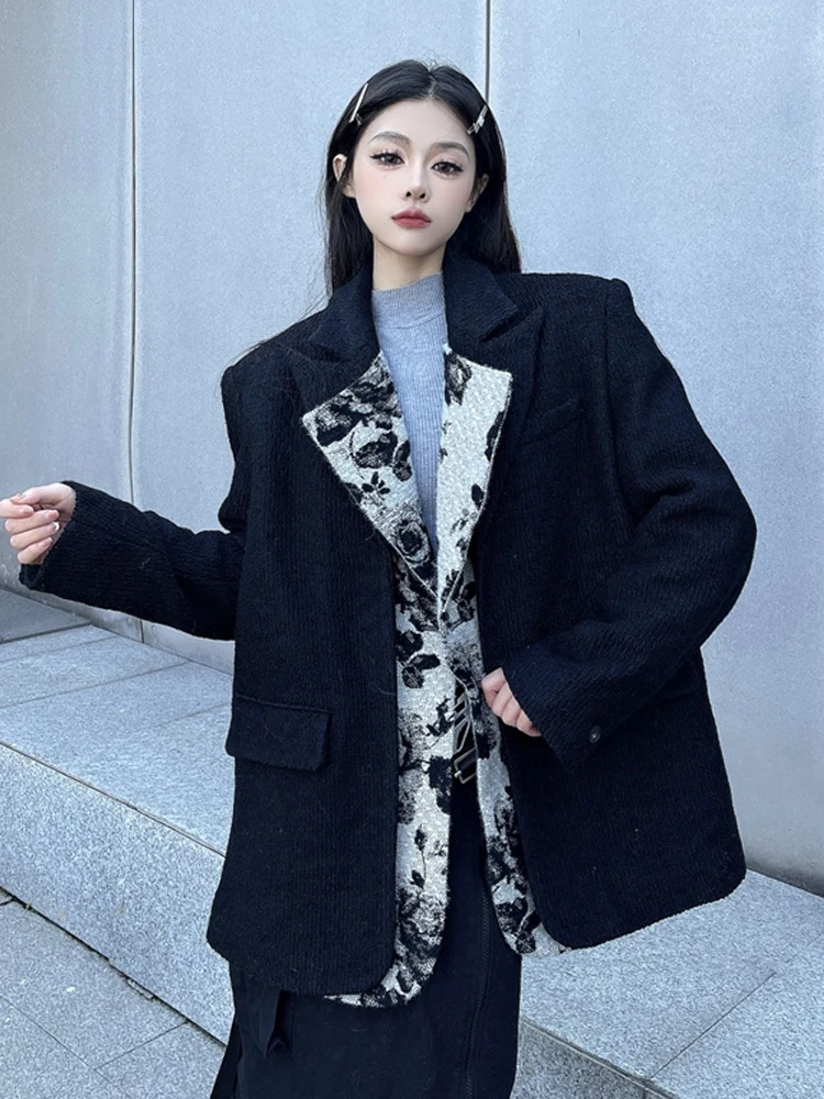 SONNEESD Streetwear Oversize Fashion Personality Design Coat Harajuku Vintage Black Splicing Fower Stereo Cutting Suit Coat