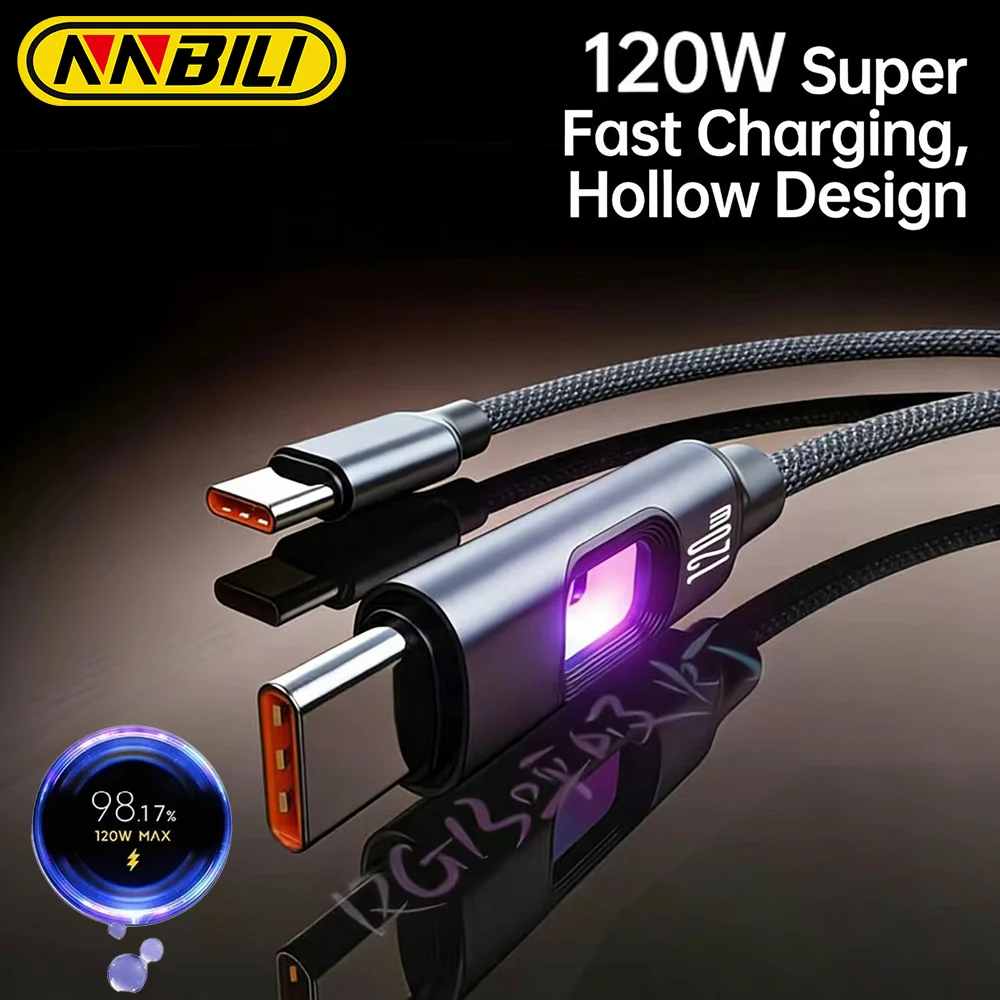 NNBILI 120W USB C To USB C For iPhone 16 17 Pro Fast Charge Cable Hollow RGB Light USB A to Type C Cable For Macbook Samsung S26