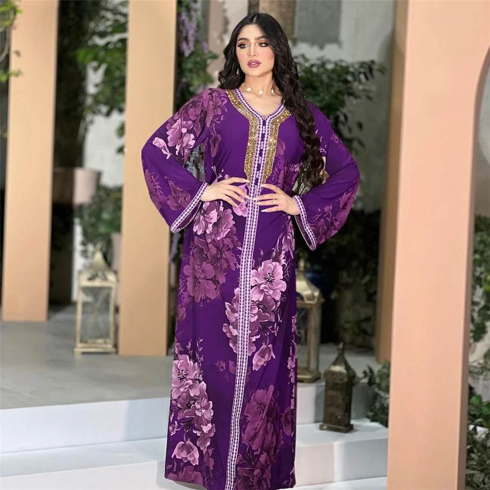 

Eid Mubarak Moroccan Jalabiya Floral Print Abayas Women Muslim Maxi Dress Dubai Turkey Kaftan Islamic Clothing Arab Robe Ramadan