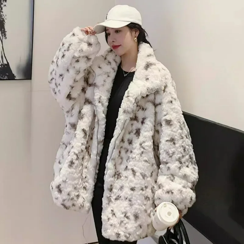 Cross-border New Leopard Print Brush Fur Fur Coat Autumn and Winter Women\'s Imitation Rabbit Hair Spots Loose Plush Clothes