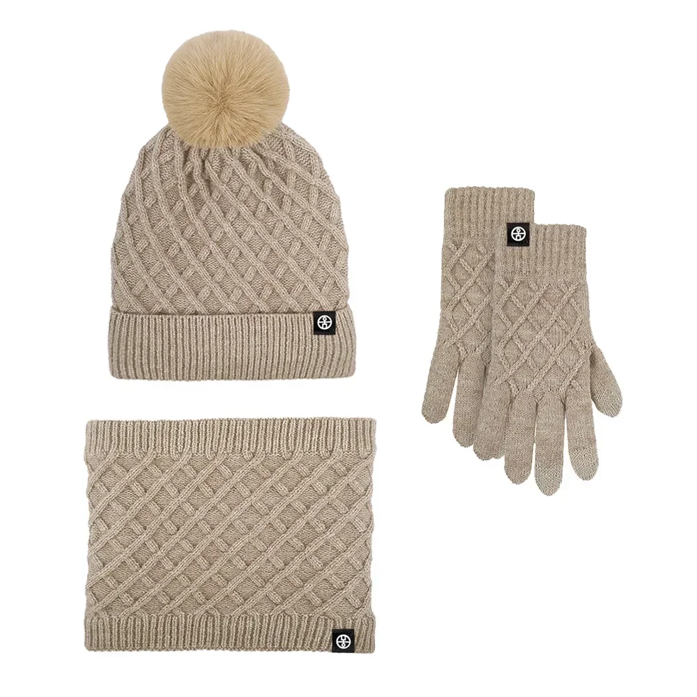 3 unids/set gorro de invierno bufanda guantes para pantalla táctil conjunto para mujer gorro forrado de lana de punto cálido conjunto gorra de bola de piel de zorro Real