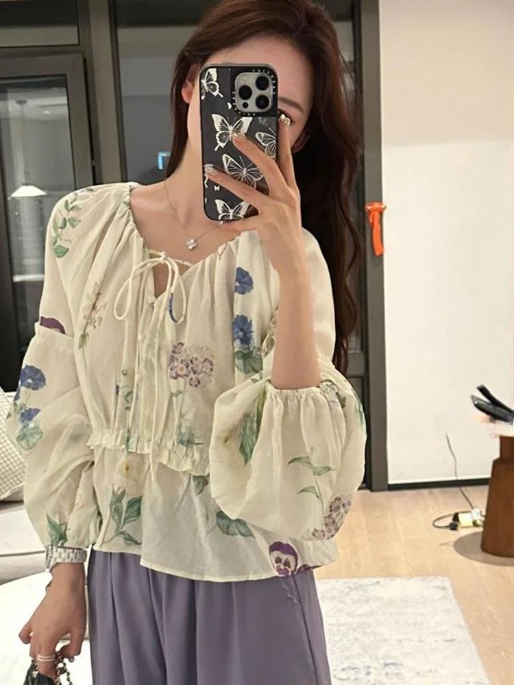เสื้อผ้าผู้หญิงใหม่ 2025 ผ้าฝ้ายลินิน ลายดอกไม้ฤดูร้อน แขนยาว ไซส์เล็ก สไตล์สปริงแฟชั่น
