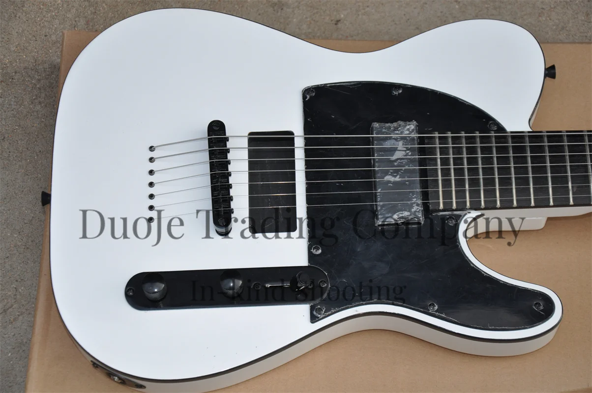 7 string electric guitar White body neck Set In body Strings Though body Black fixed bridge Ebony fingerboard support customizat