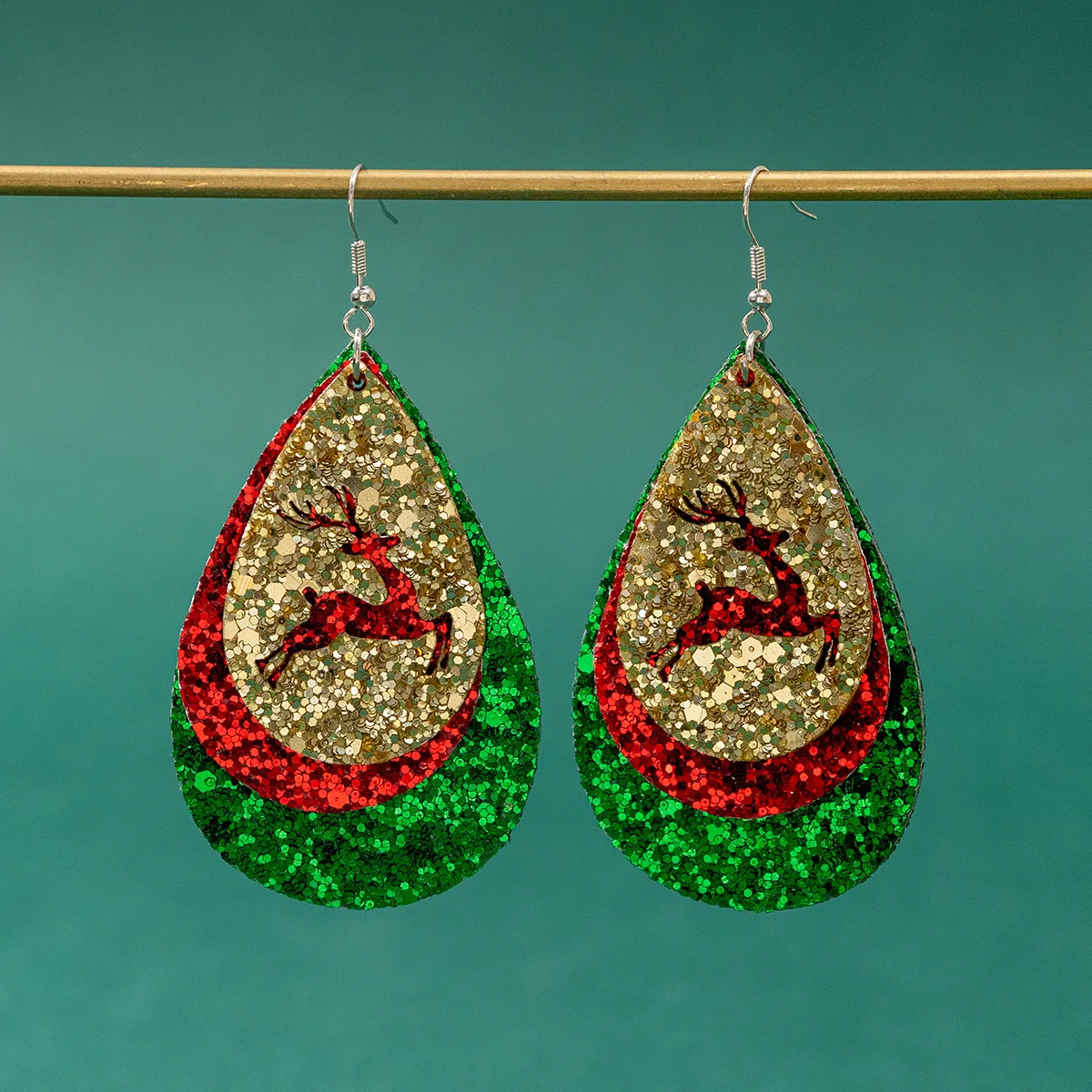 S3273 Dangle Christmas Earrings For Women Three Layer Water Drop Deer Sequins Glitter Artificial Leather Earrings