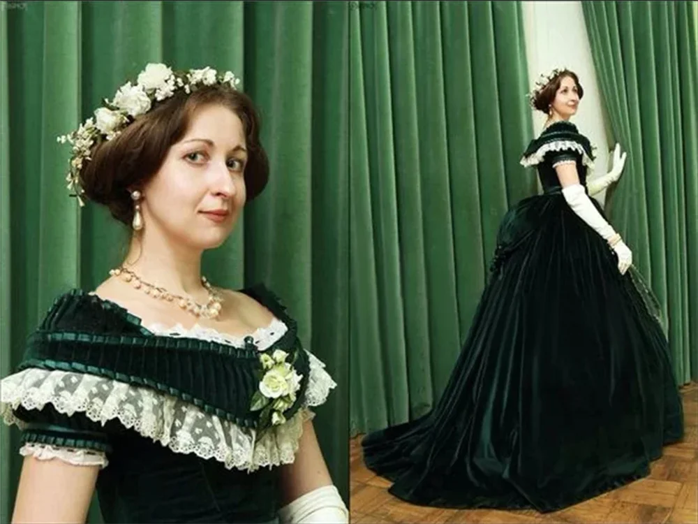 Green Velvet 1860s Victorian Civil War Scarlett Costume Princess sisi the empress Dress Vintage Southern Belle Costume Ball Gown