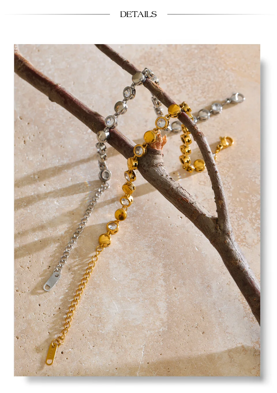 Yhpup Edelstahl-Armband mit runder Zirkonia-Kette, 18 Karat PVD-beschichtet, zartes Sommer- und Alltagsschmuckgeschenk – Detail 5
