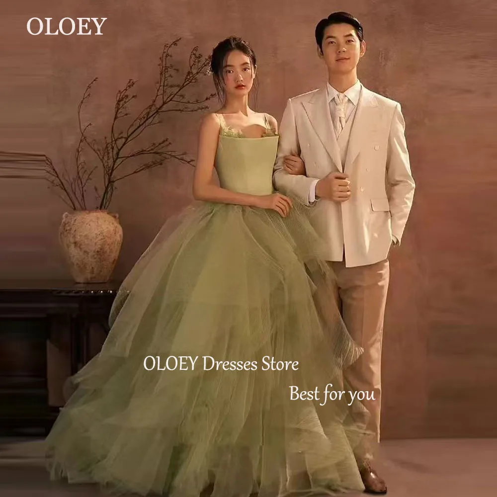 OLOEY Mint Green Wedding Dresses Spaghetti Straps A-line Bridal Gown Tulle Korea Photo Shoot Wedding Ball Gown Custom Made