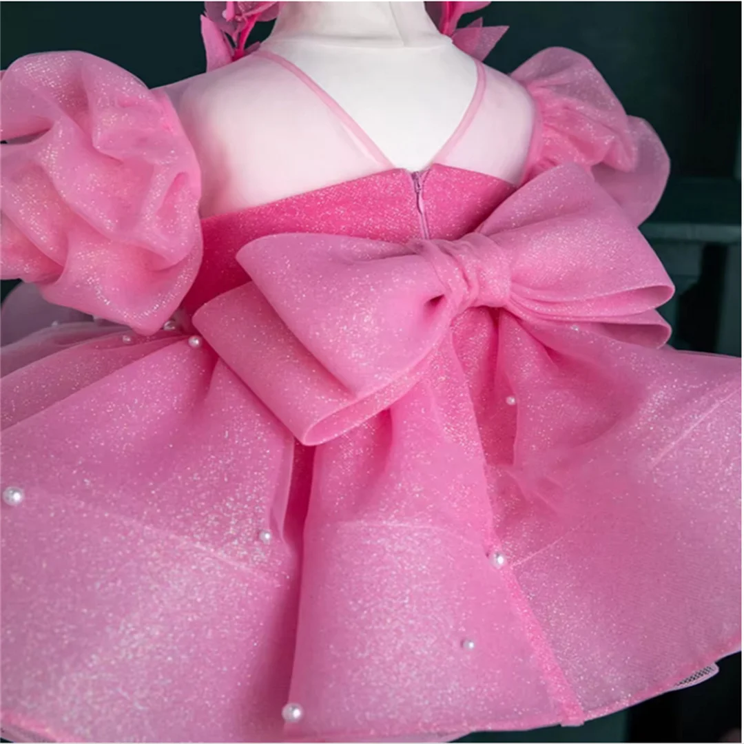 Fluffy Pink Baby Girl Dress with Big Bow Sheer Neck Princess Wedding Gown Toddler First Birthday Dress Kid Costumes