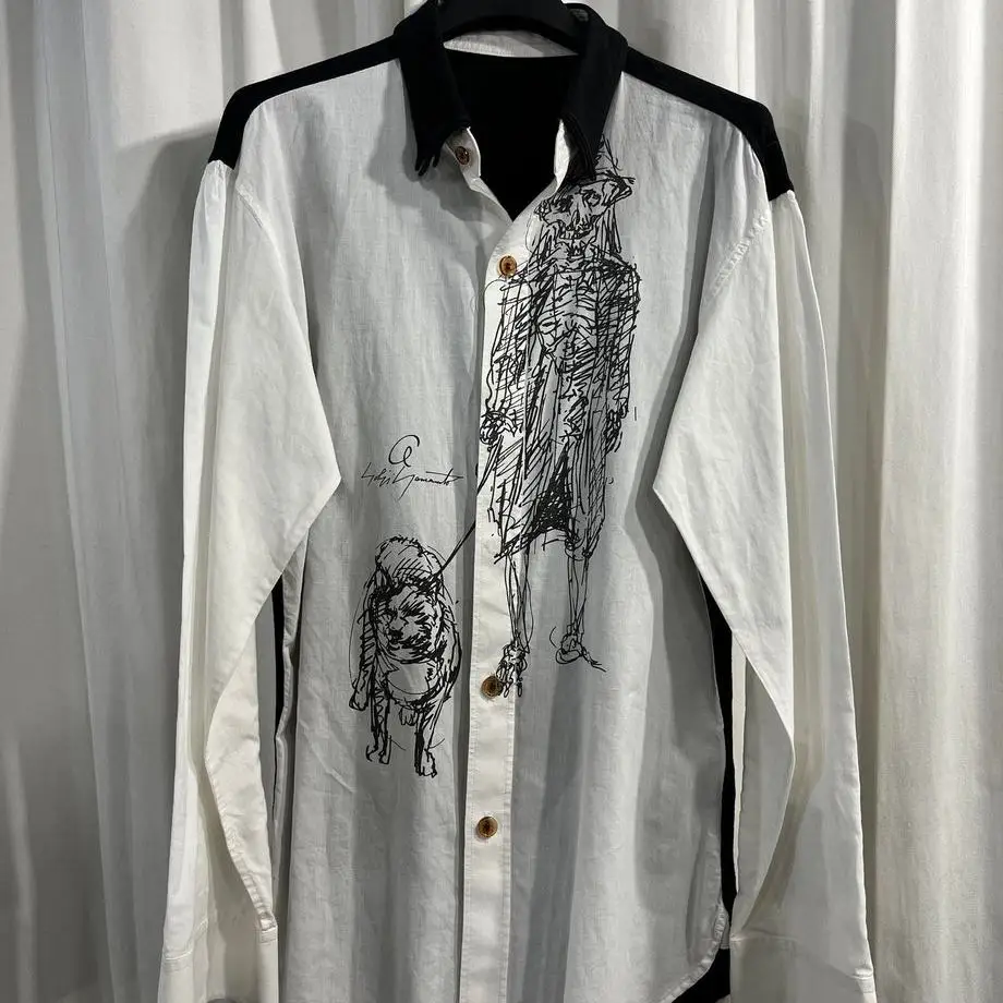 TOP-YAMAMOTO ® Dog-walking printed shirt for both men and women, Japanese-style retro long-sleeved pure cotton casual shirt