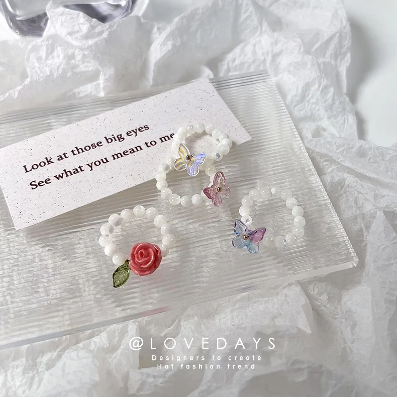Elastic Rose Flower Ring with Cat Eye Stone Beaded Colorful Butterfly Stackable Soft Comfortable Standard Size Gold Rings