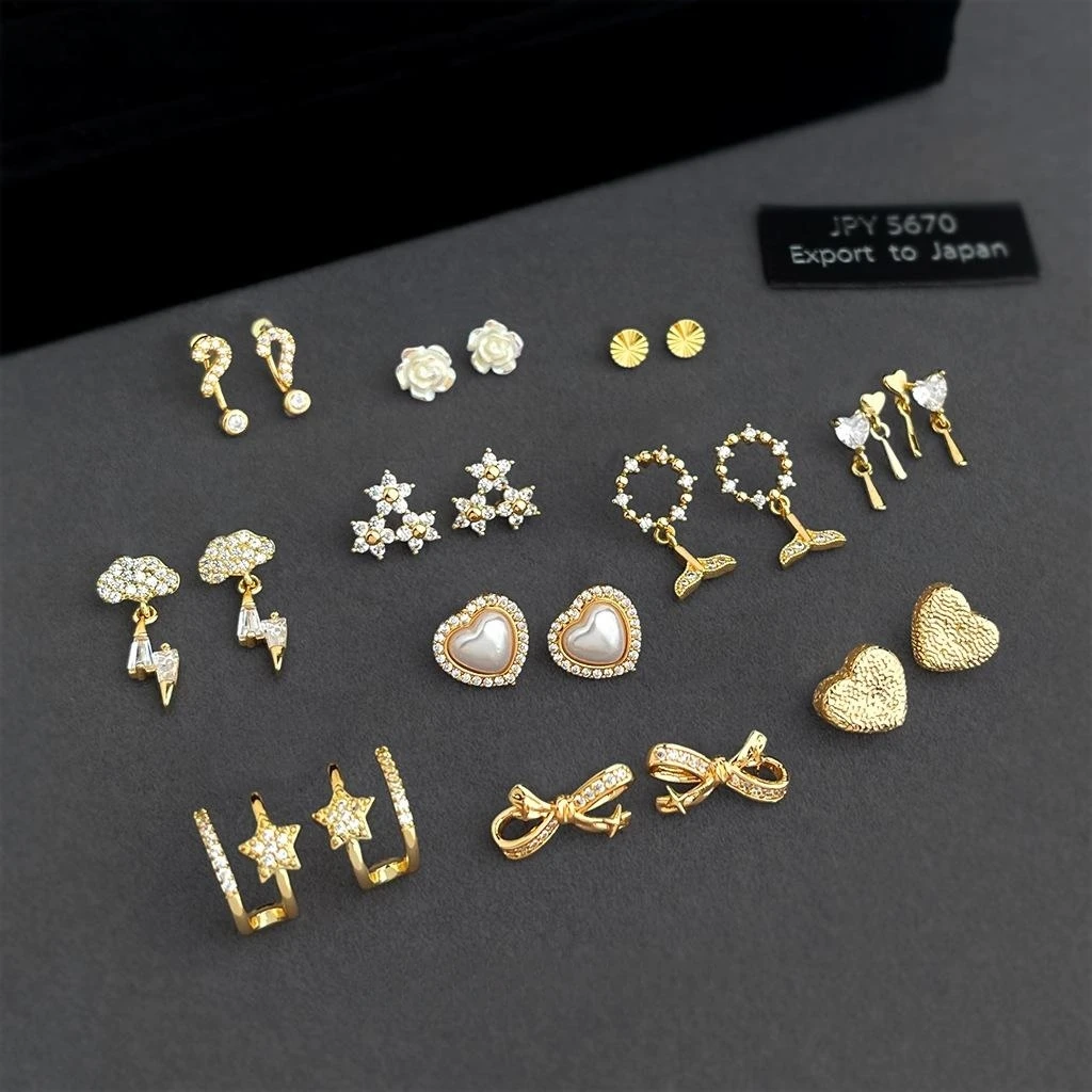 12 Pairs Multi Style Gold Tone Earrings Set for Women Mixed Cute Heart Bow Star Flower Zircon Stud Earrings Pack Daily Jewelry