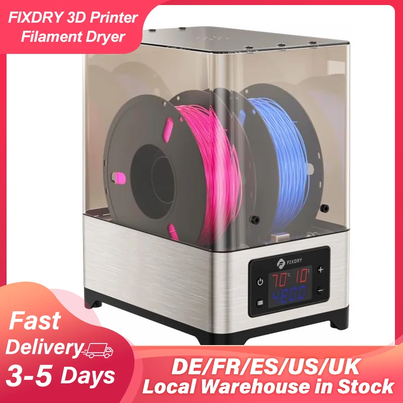 

FIXDRY 3D Filament Dryer Box 2 Spools,110W PTC Heater,360°Surrounding Fast Heating 40℃-70℃,Real-time Temperature and Humidity