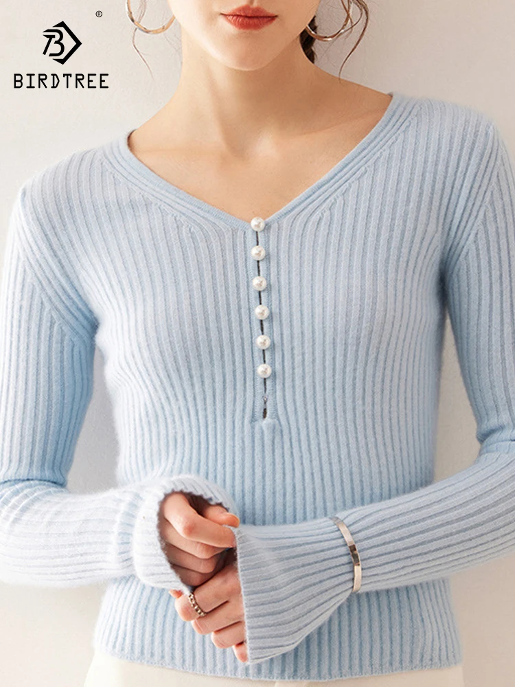 

BirdTree, 35% Cashmere 65% Wool Elegant Sweaters, Women V Neck Button, Sweet Slim Boutique Sweater, 2024 Autumn Winter T49110QC