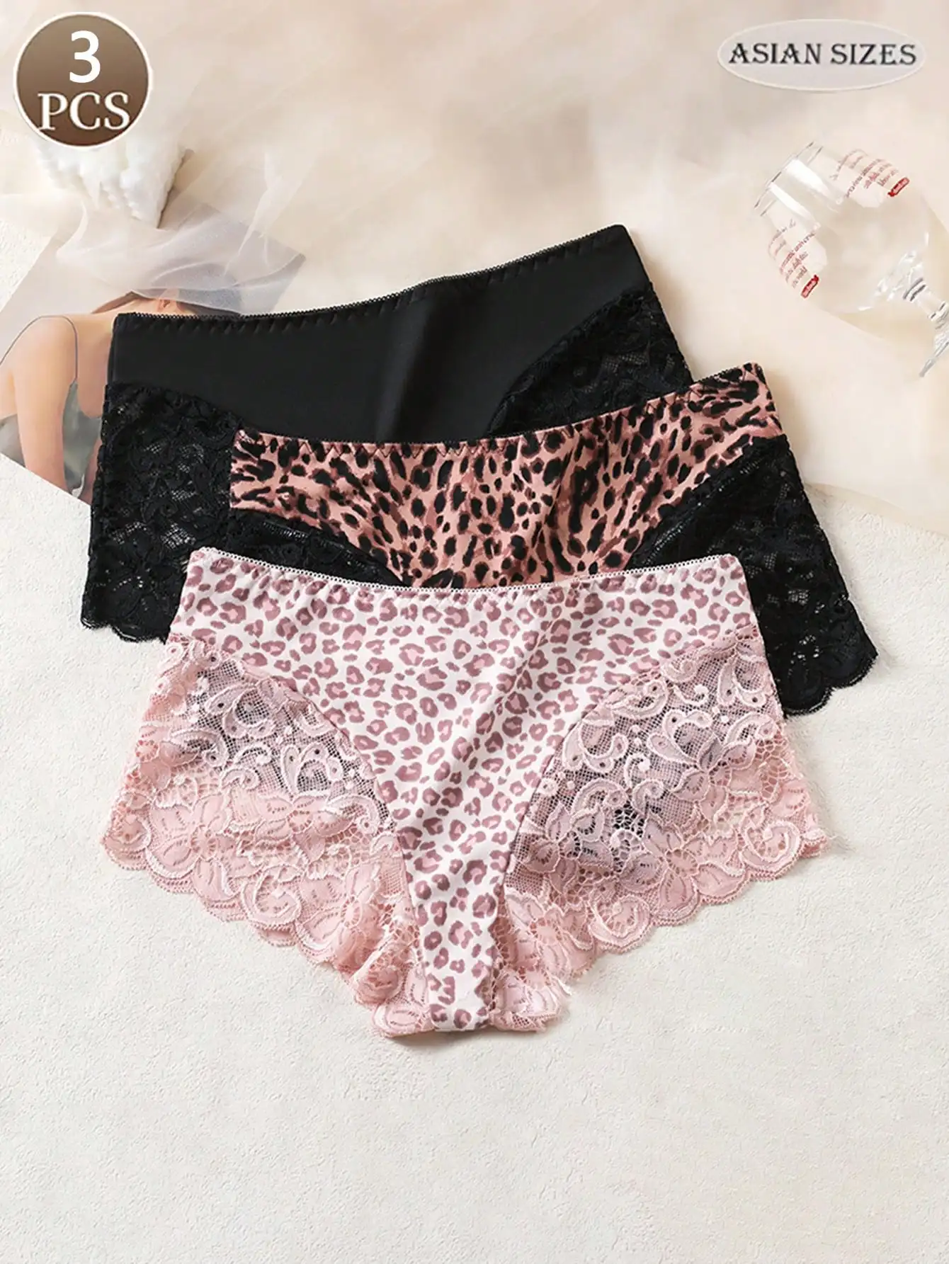 3PCS sexy leopard panties print lace patchwork pants women's underwear for casual vacation seamless and comfortable women's tria