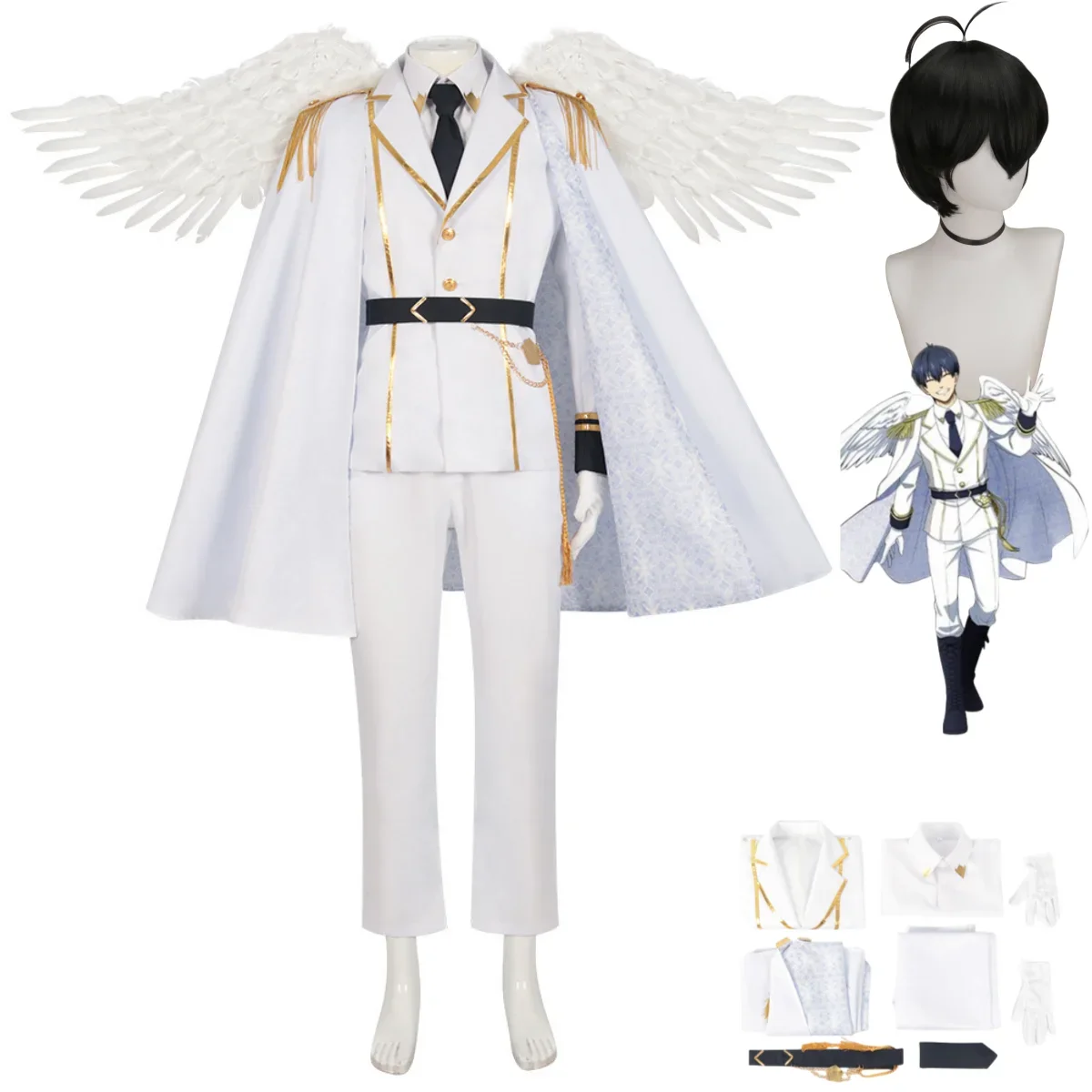 

Anime Blue Lock Isagi Yoichi Cosplay Costume Angel Wig White Military Uniform Cloak Wing Adult Man Carnival Christmas Suit