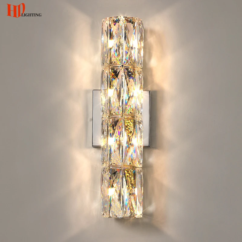 

HD Modern Long Crystal Wall Lamp Living Room Bedroom Bedside LED Wall Lights For Stair TV Background Corridor Gold Silver Sconce