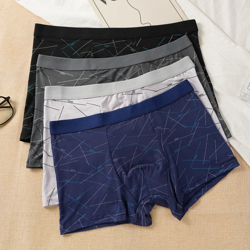 Men's Fashionable Unique Boxer Briefs Simple Line Printed Underwear Breathable Crotch Skin Friendly Comfortable Mid Waist Trunks