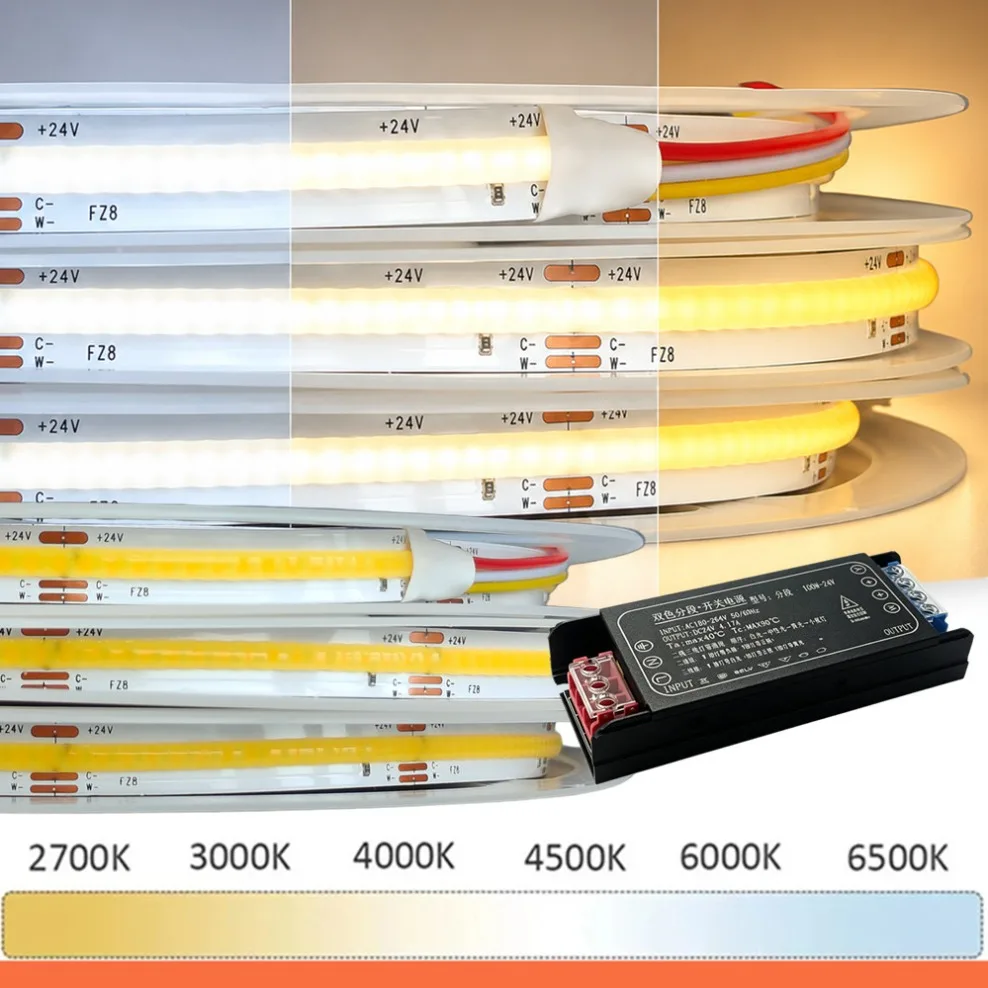 fita-de-led-cct-24v-2700k-a-6500k-com-mudanca-de-cor-dimerizavel-fita-led-bicolor-luz-linear-de-duas-cores-com-fonte-de-alimentacao