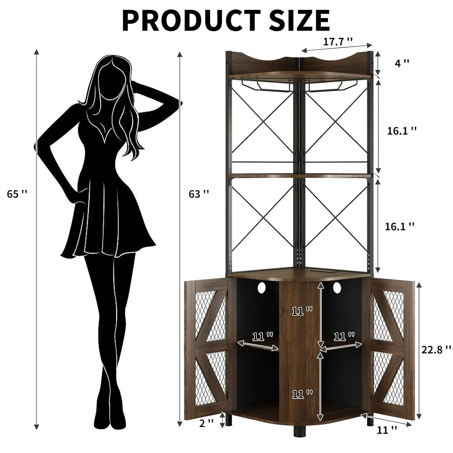 Industrial Bar Cabinet with LED Lights & Power Outlet, 5-Tier Wine Storage with Glass Holder, 63 Inch Home Liquor Cabinet, Dark