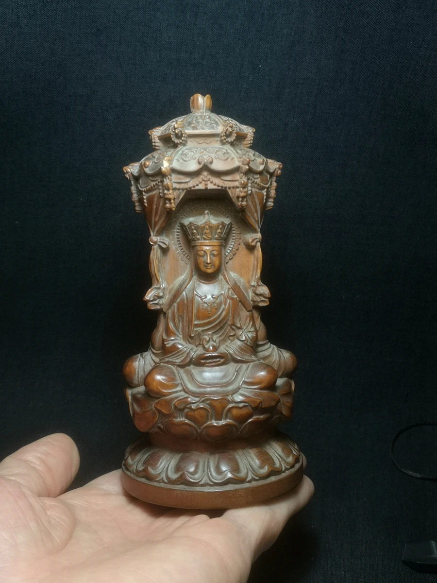 

YIZHU CULTUER ART H 5.7 inch Chinese Boxwood Wood hand Carved Buddha 3 Sides Statue table deco collectable