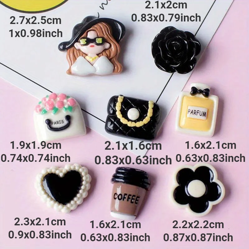 10pcs Black Series Girl Perfume Bag Cabochons Flatbacks Phone Cases Deco Parts Scrapbooking Crafting Supplies Resin Accessories