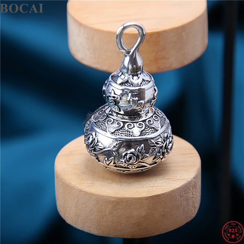 BOCAI New S925 Sterling Silver Charms Pendants for Men Women the Eight Diagrams Peony Pattern Lucky Gourd Charm Fine Jewelry