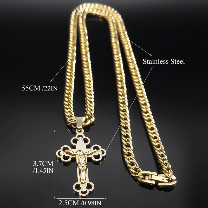 Hip Hop Kreuz Jesus Kreuzigung Halskette für Männer Frauen Gold Farbe Edelstahl Cuban Link Kette Punk Rock Männlichen Schmuck N8242S – Detail 3