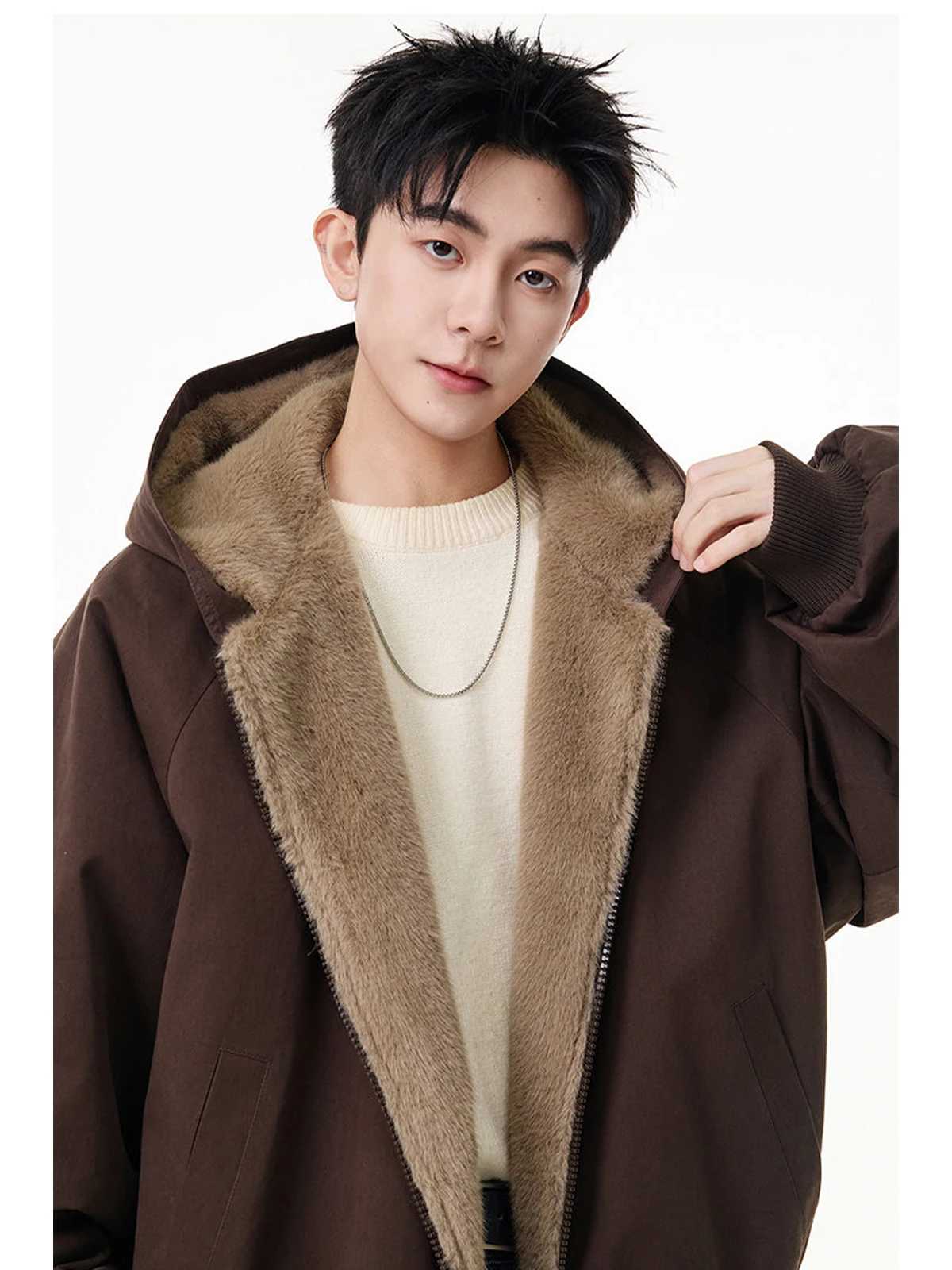 Dwustronny płaszcz męski zimowy z podszewką z imitacji futra królika, bawełniany, modny, luźny, wysokiej jakości, ocieplany, z kapturem.