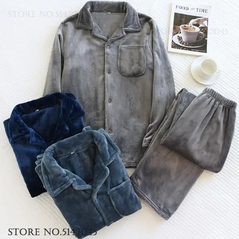 

Men's Warm Coral Fleece Sleepwear Autumn Winter New Flannel 2PCS Pajamas Set Loose Casual Lounge Wear Pijamas Suit Homewear