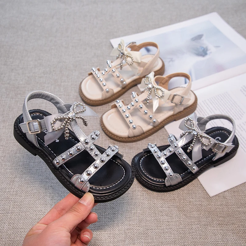 Girls Roman Sandals with Rivet Bow Kids Summer Beach Shoes Soft Sole Children Princess Dress Sandals for Party Wedding