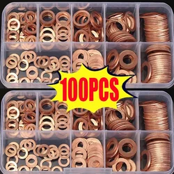 100Pcs Copper Washer Sealing Solid Gasket Flat Ring Seal Washers Assortment Kit For Sump Plugs With Box M4/M5/M6/M8/M10/M12/M14