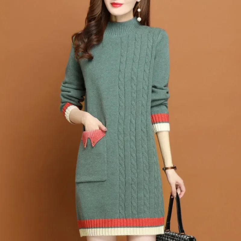 Kobieta Dzianinowa Sukienka Turtleneck Pocket Cover Up Loose Knee Length Color Matching Midi Crochet Dresses for Women Harajuku Cotton G