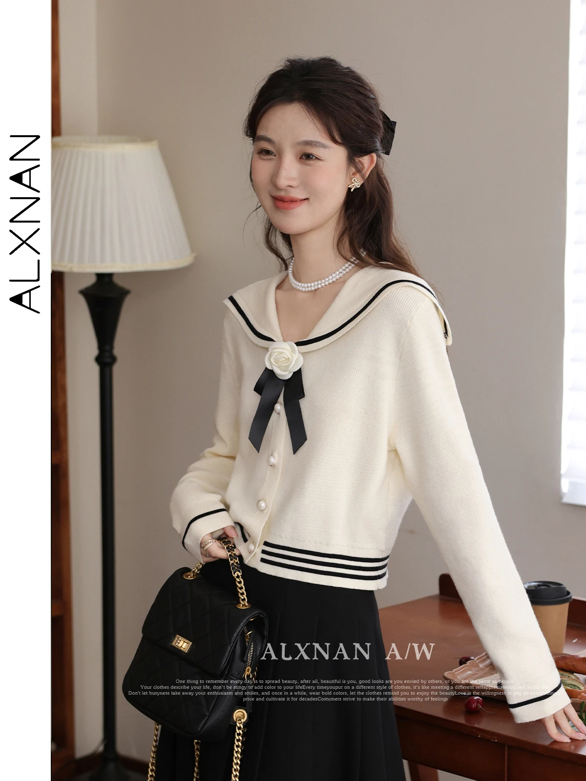 ALXNAN Women's Sweet Knitted Cardigans Trendy Sailor Collar Removable Rose Bow Pearl Button Female Autumn Winter Tops LXN31332