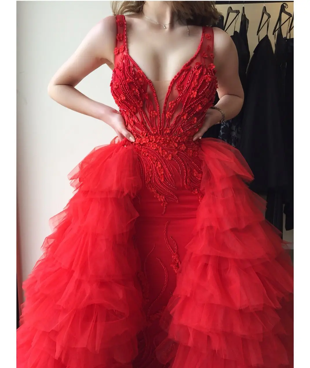 Red Fluffy Tiered Tulle Detachable Train Bridal Tutu Tulle Over Wrap Skirt Voluminous Tulle Overlay Long Women Maxi Tulle Skirts