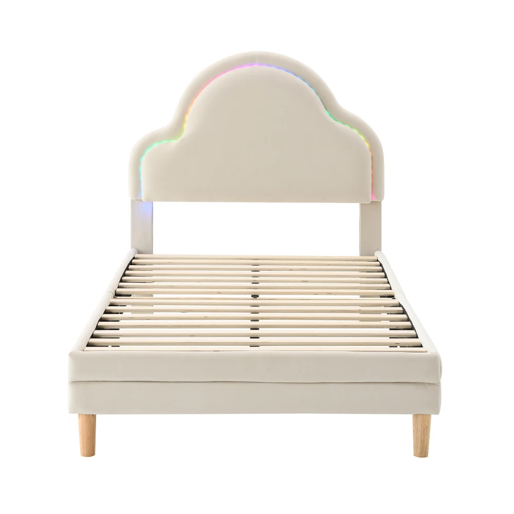 PINGGO Beige Samt Einzelbett 90x200cm Wolkenförmiges Kopfteil Farbwechsel-LED-Streifen Holzlatten Kinderbett Ohne Matratze – Detail 8