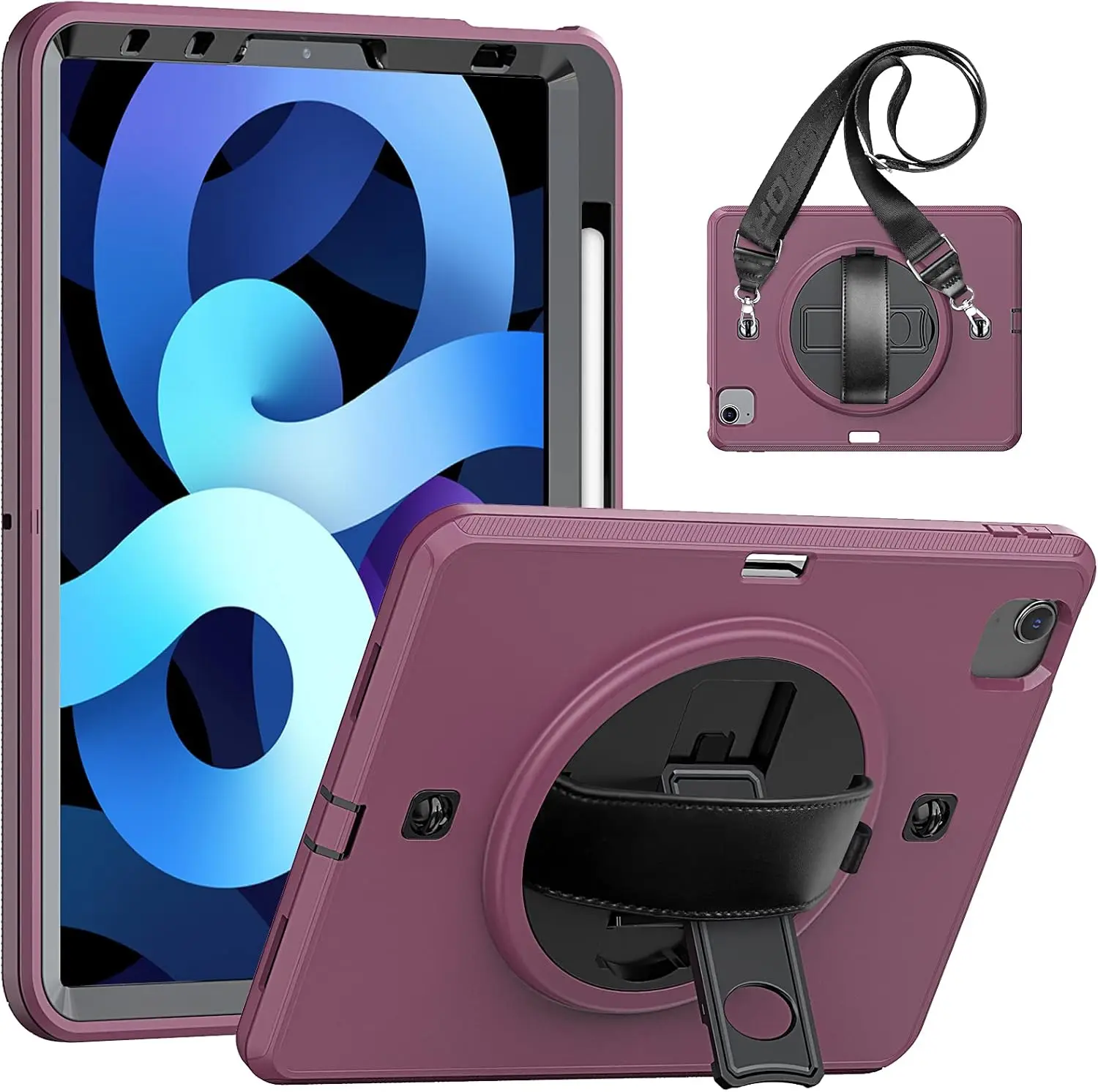 Panzer Swivel Stand Case voor iPad Air 4/iPad Pro 11 Maroon-Tablet beschermhoes met handgreepafdekking met standaard, iPad 11 accessoires, riemhoes met resistente tablethoes, 360 graden behuizing