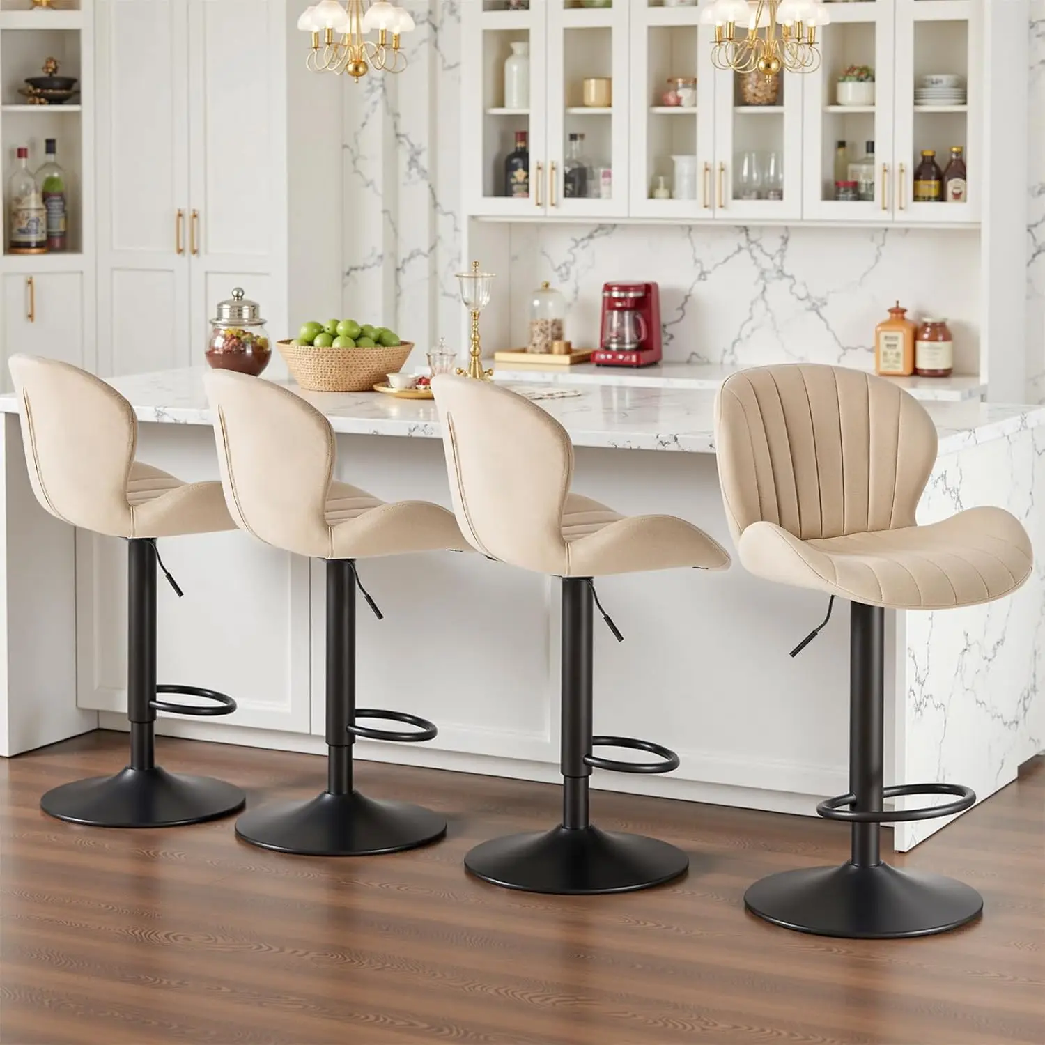 

Modern Swivel Bar Stools Set of 4, Adjustable Fabric Upholstered Counter Height with Backrest for Kitchen Island, Beige
