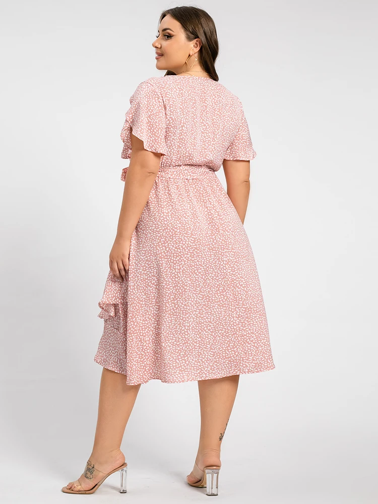 Plus Sized Clothing  Summer Vintage Midi Women's Dress Elegant Polka Dot Print Tulip Sleeve Short Sleeve BeltedRuffel Hem Dress