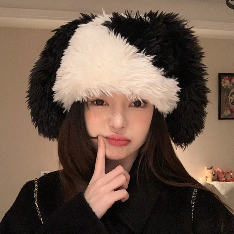 

Korean Fashion Contrasting Colors Cute Rabbit Ears Plush Beanies for Women Autumn and Winter Thickened Warm Funny Men's Hats