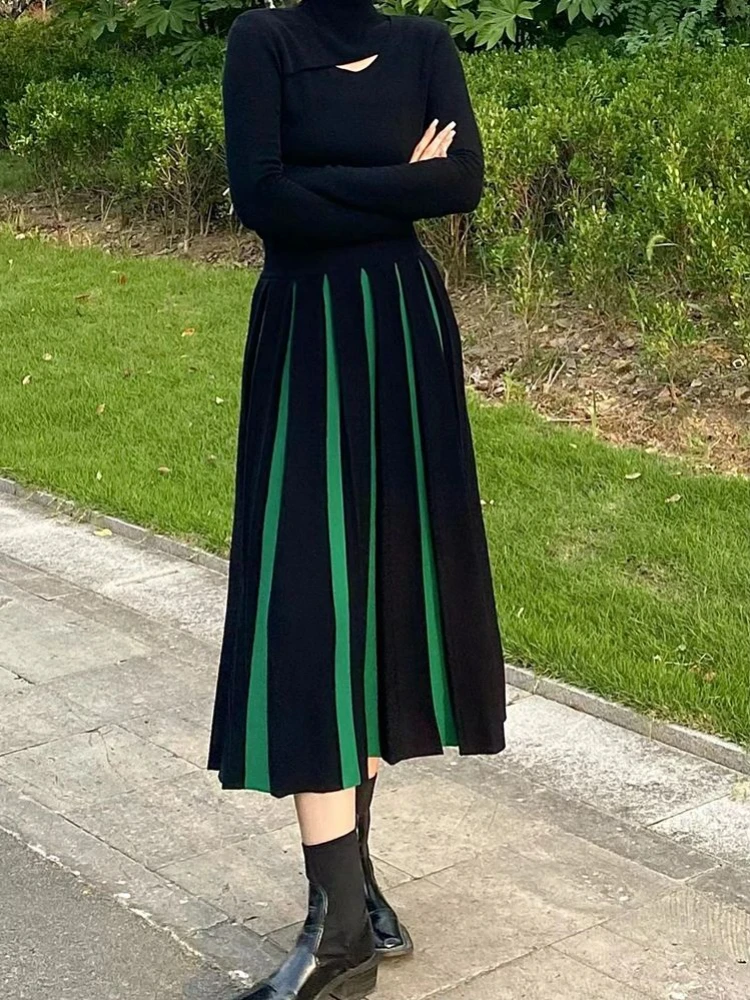 Autumn Winter Knitted Skirt Female High-waisted Green Thick Pleated Skirts Woman Contrast Color Vintage Fashion Faldas