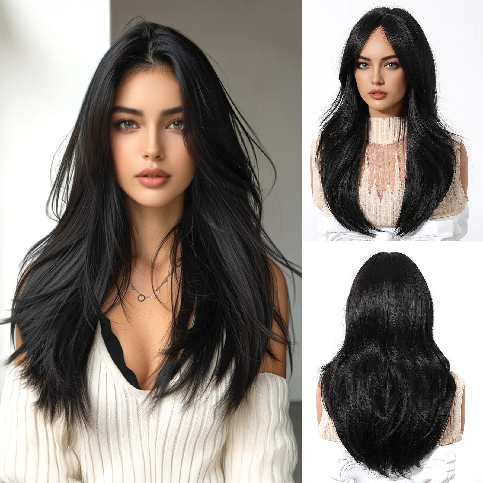 

Long Black Synthetic Wigs Straight Middle Part Wig for Women Use Cosplay Daily Party Natural Fake Hair Heat Resistant Fiber